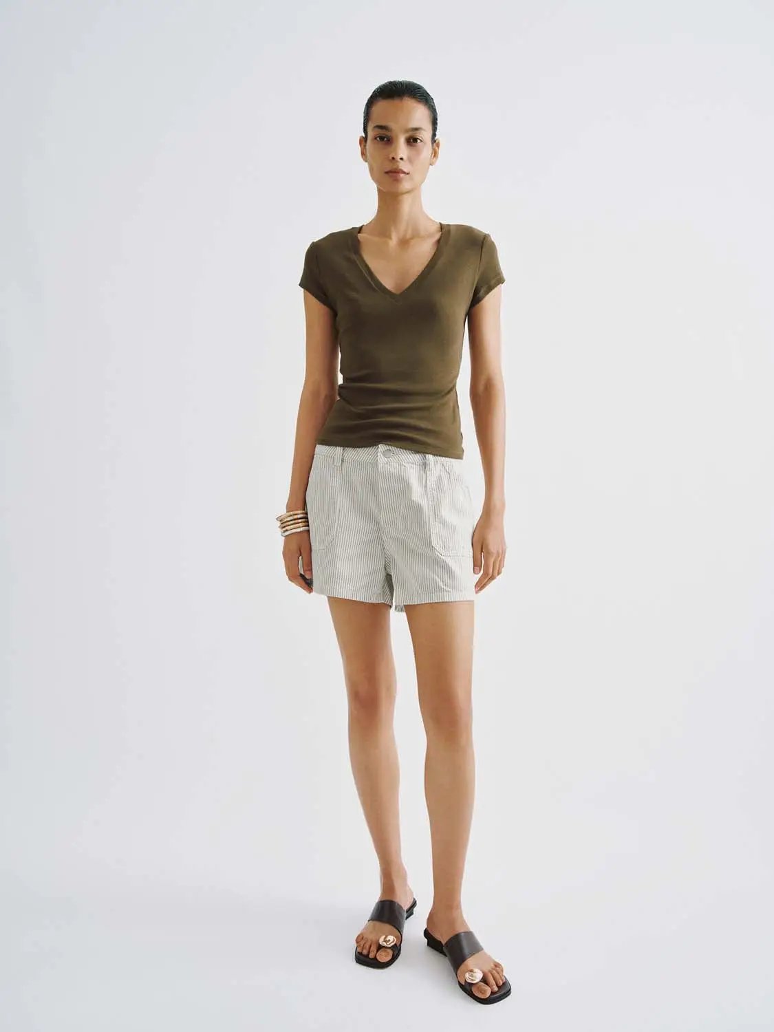 V-Neck Cap Sleeve Ruched Slim Fit Stretch Knit T-Shirt