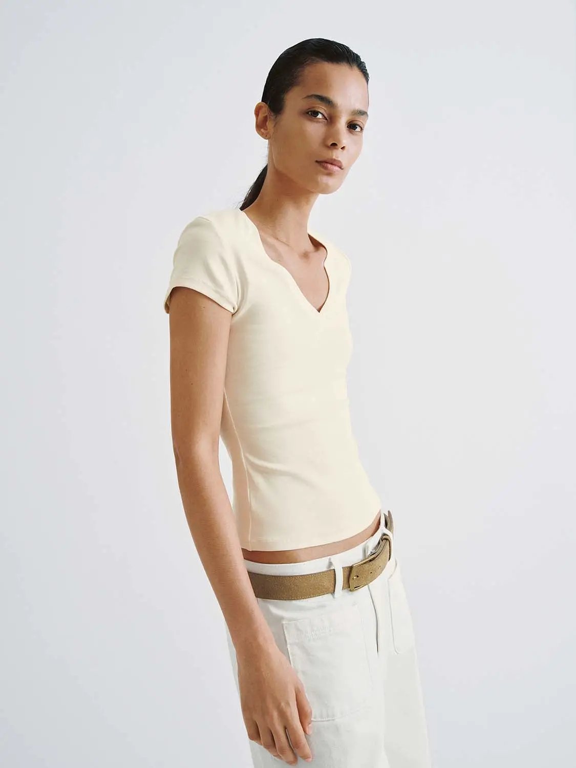 V-Neck Cap Sleeve Ruched Slim Fit Stretch Knit T-Shirt