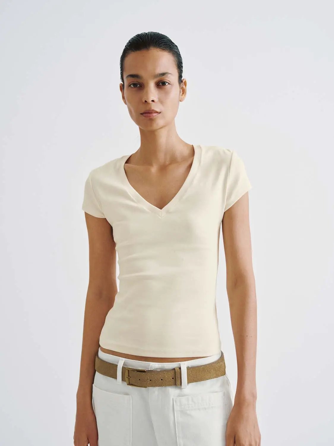 V-Neck Cap Sleeve Ruched Slim Fit Stretch Knit T-Shirt