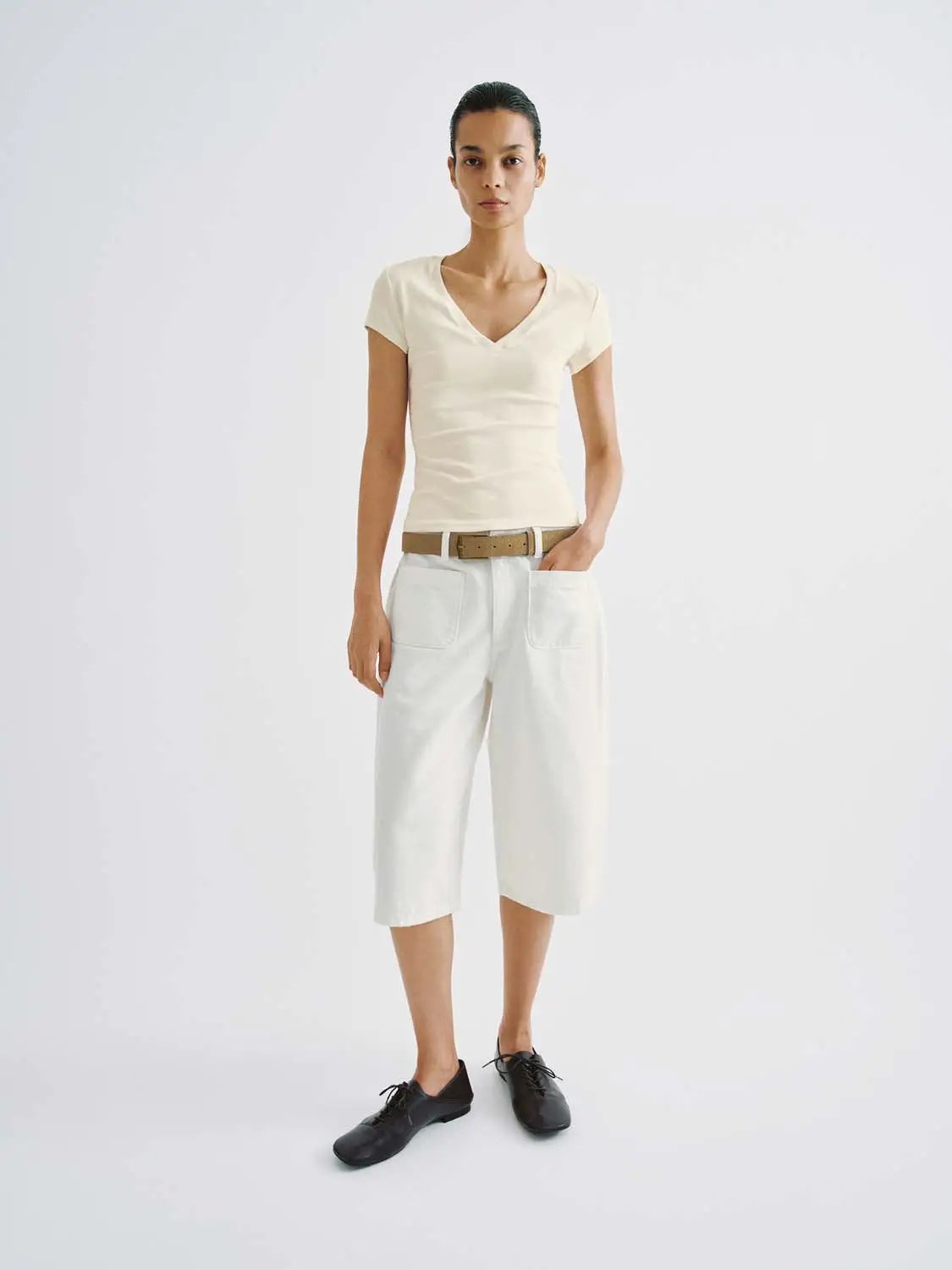 V-Neck Cap Sleeve Ruched Slim Fit Stretch Knit T-Shirt