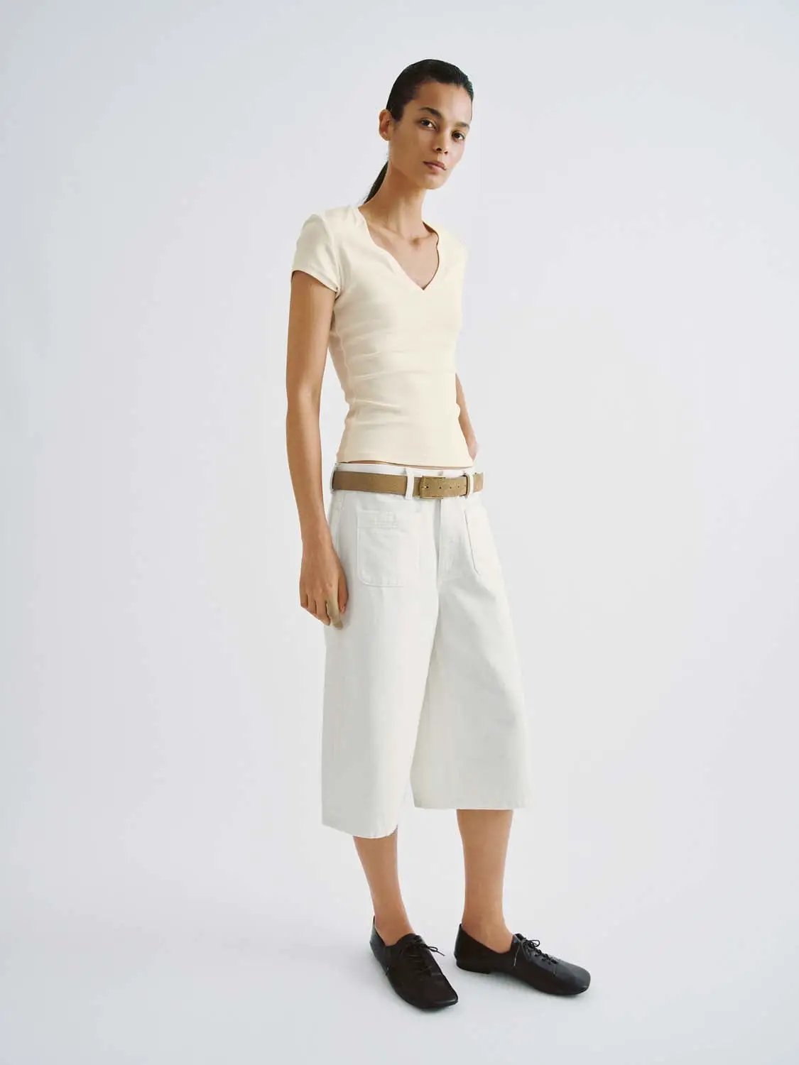 V-Neck Cap Sleeve Ruched Slim Fit Stretch Knit T-Shirt