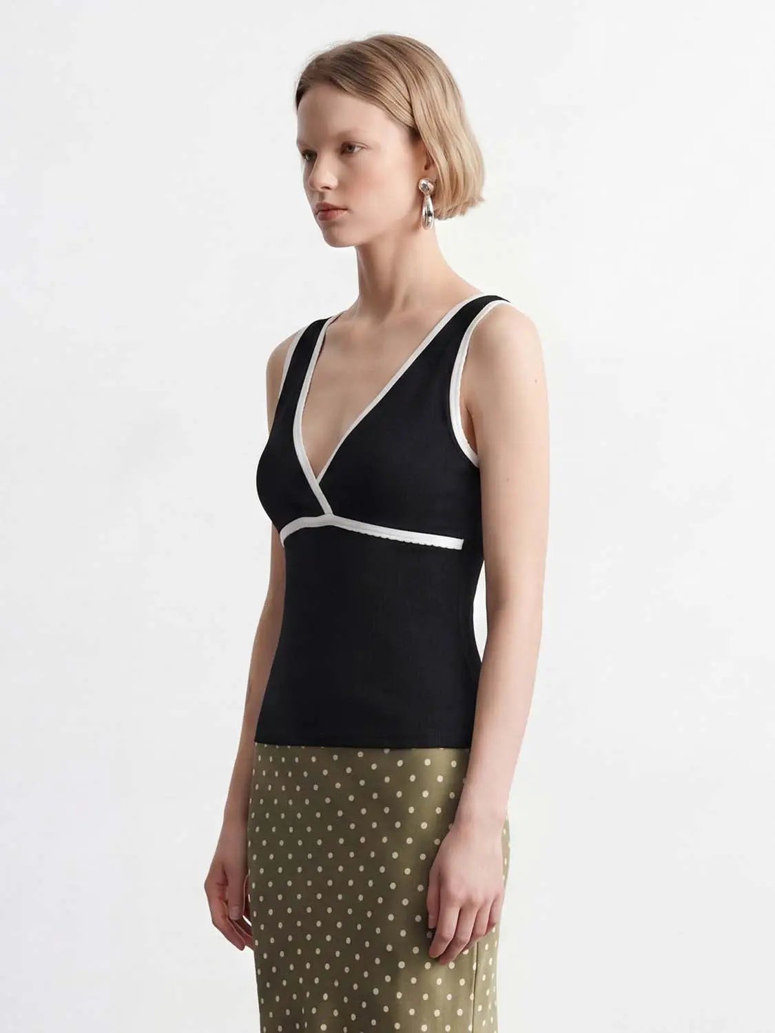 Criss-Cross Neckline Sleeveless Cotton Knit T-Shirt