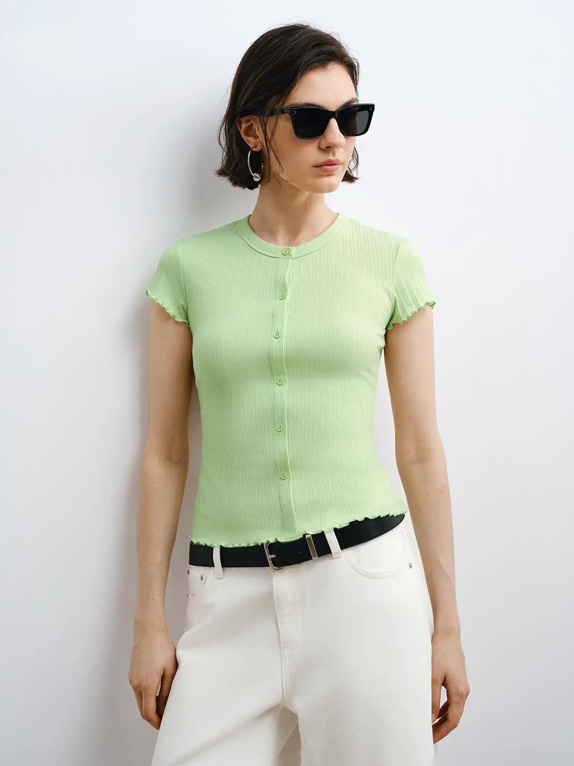 Ribbed Knit Cotton Slim Button Front T-shirt