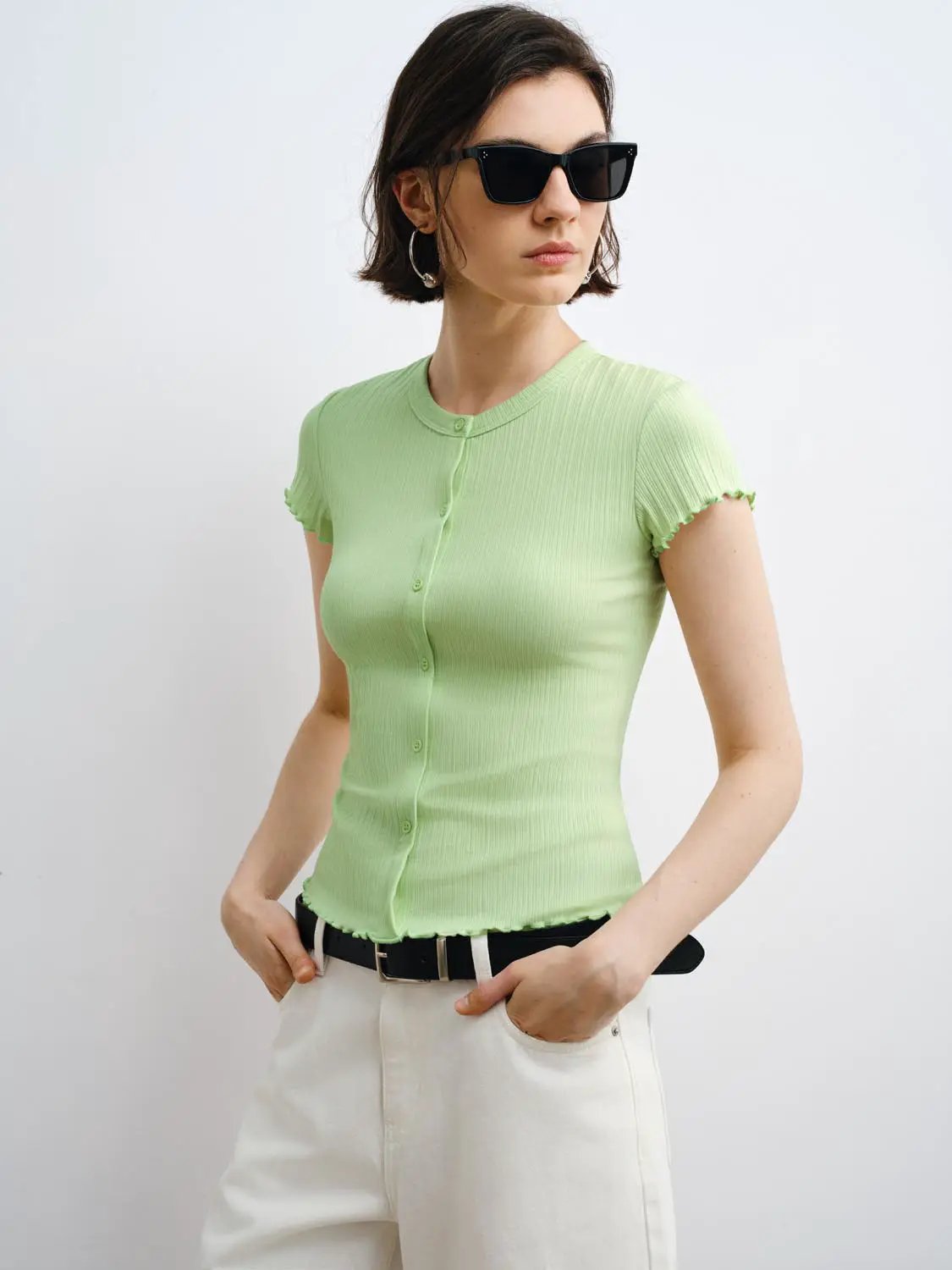 Ribbed Knit Cotton Slim Button Front T-shirt