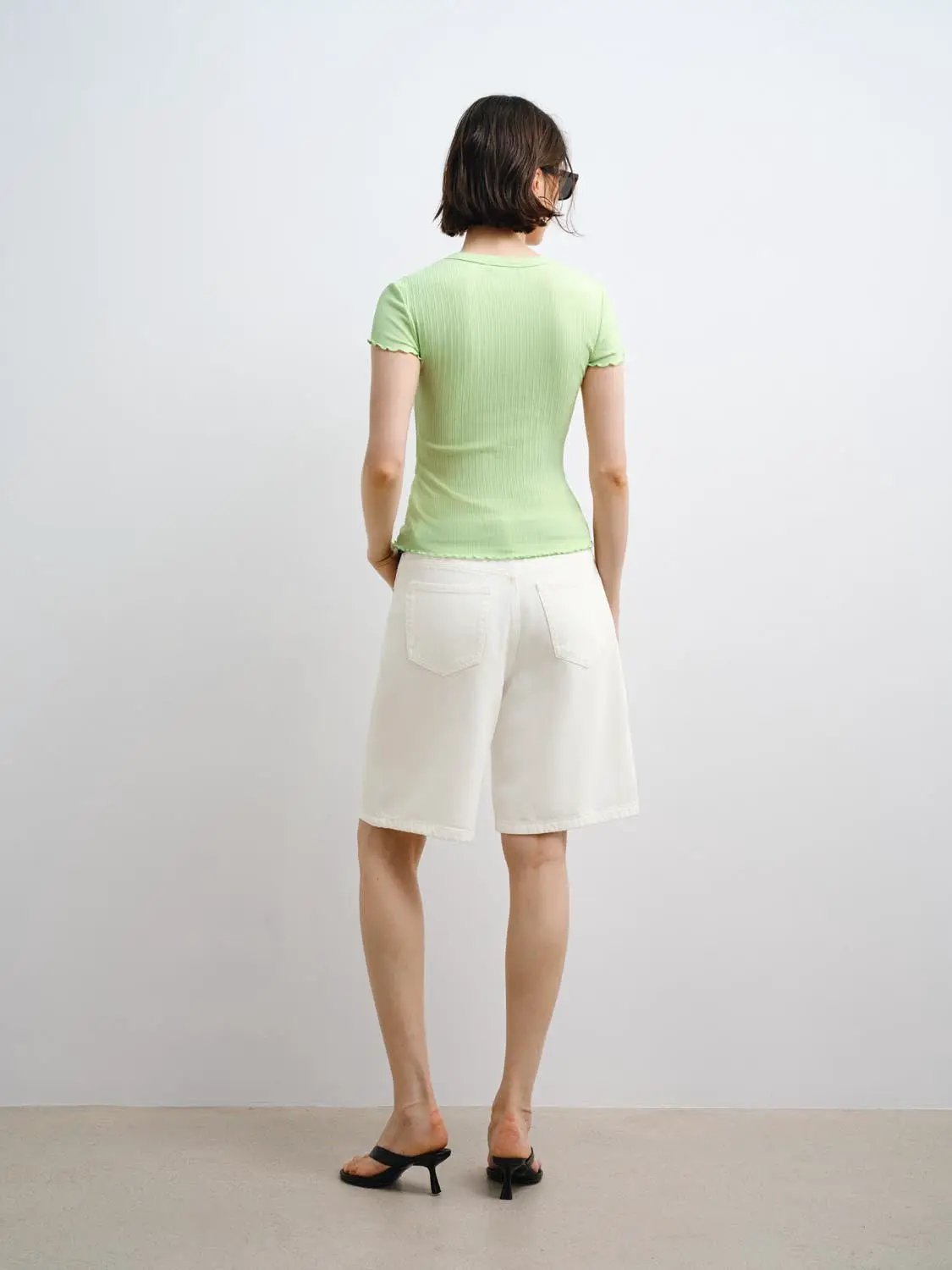 Ribbed Knit Cotton Slim Button Front T-shirt