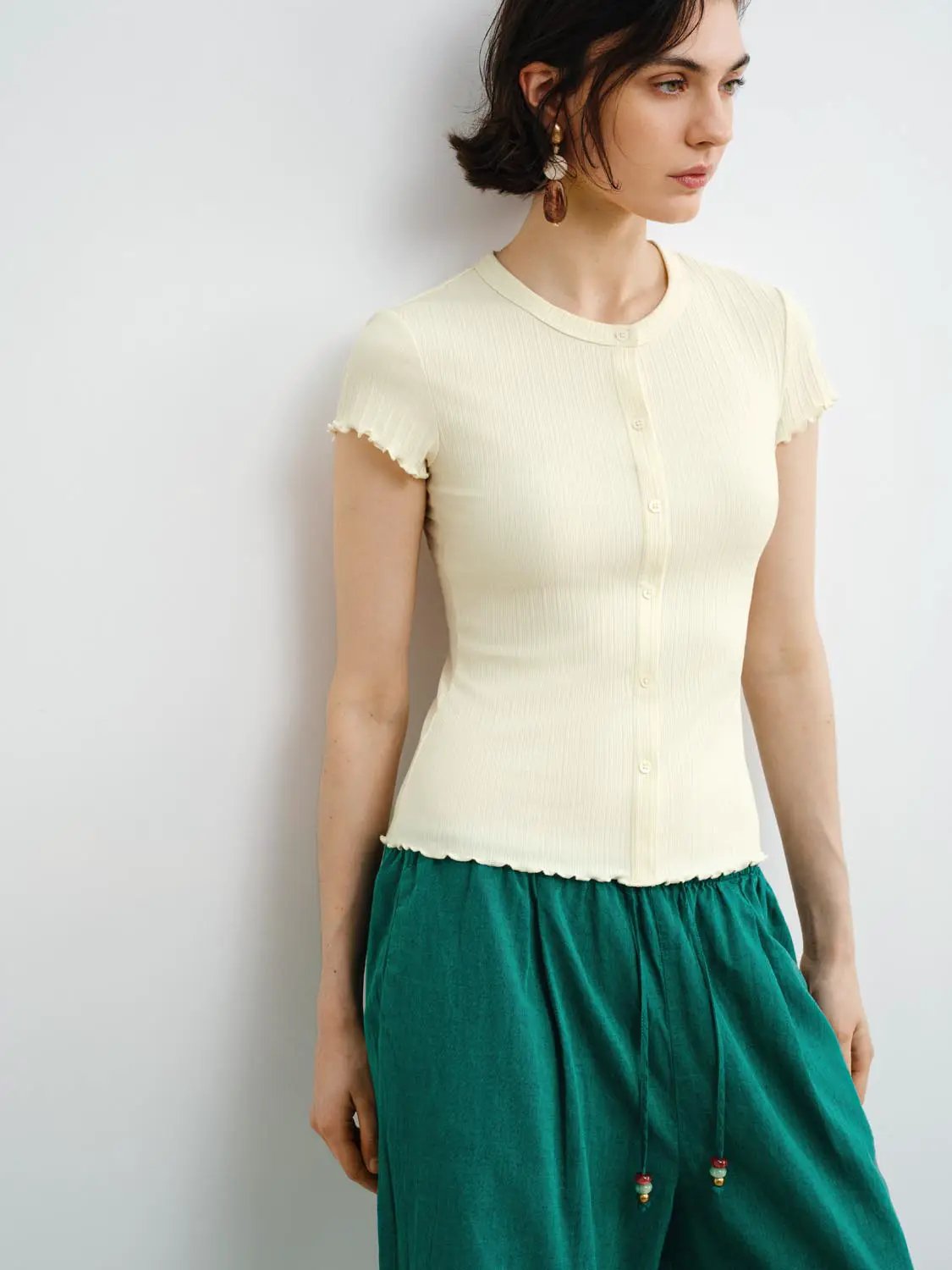 Ribbed Knit Cotton Slim Button Front T-shirt