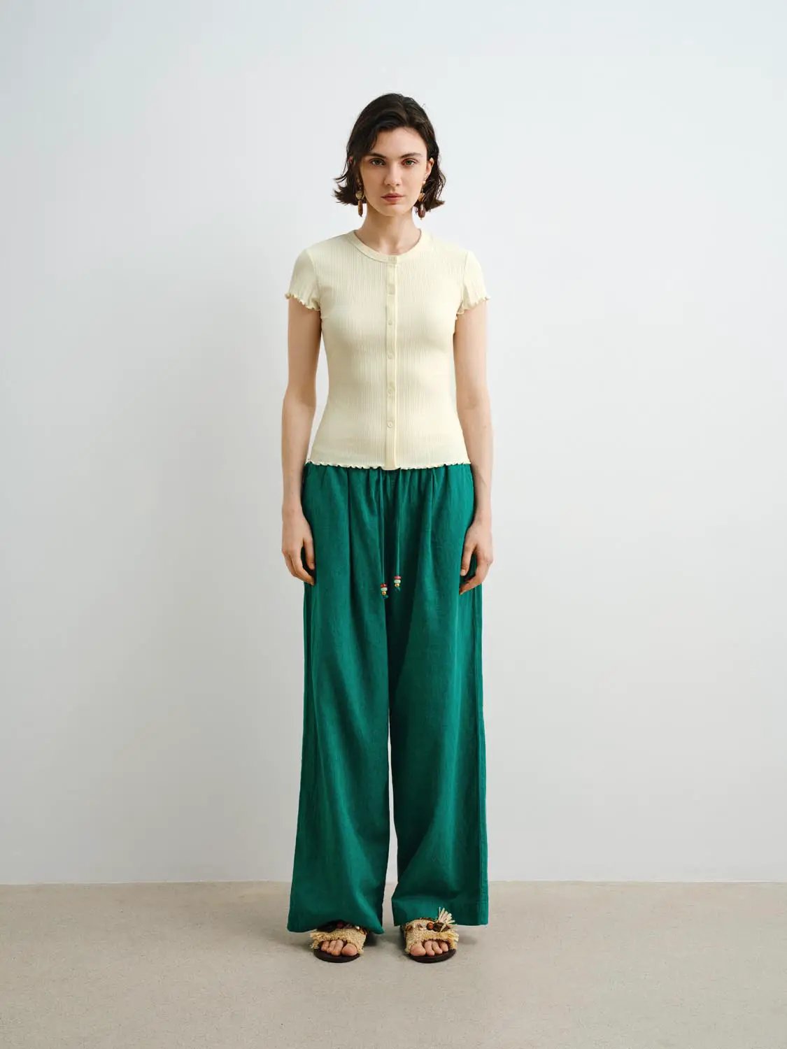 Ribbed Knit Cotton Slim Button Front T-shirt