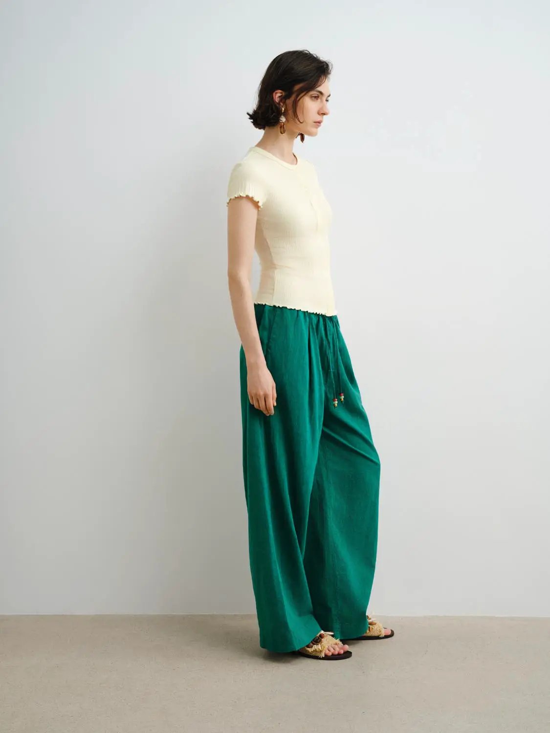 Ribbed Knit Cotton Slim Button Front T-shirt
