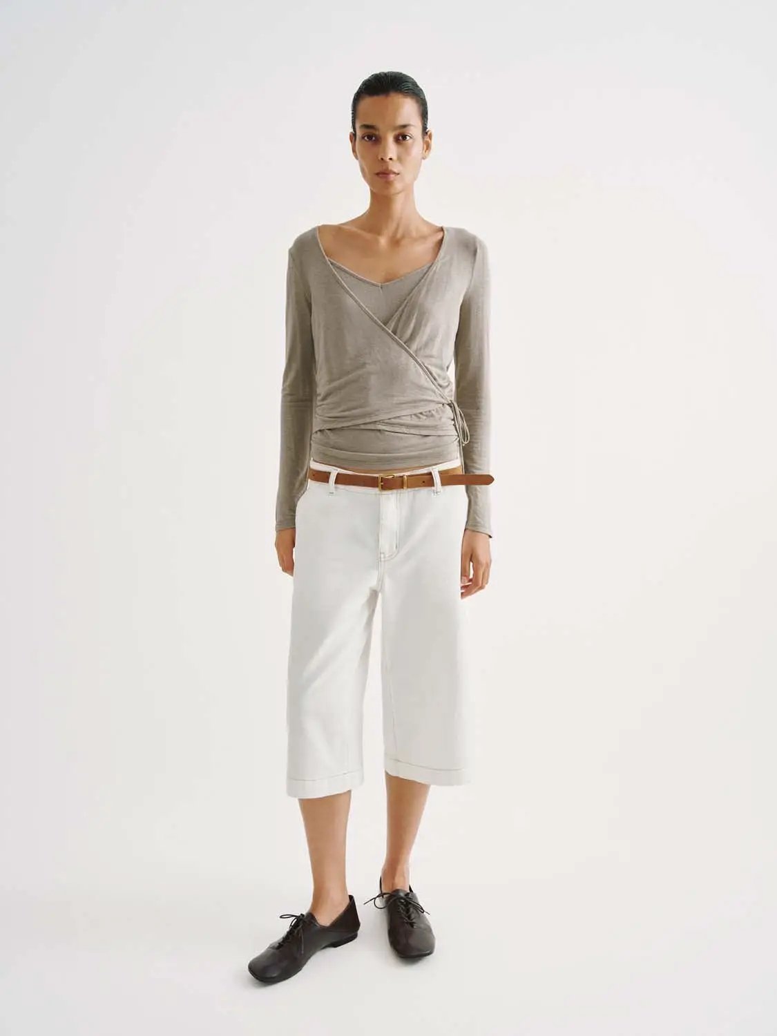 Wrap Front Ruched V-neck Long Sleeve T-shirt