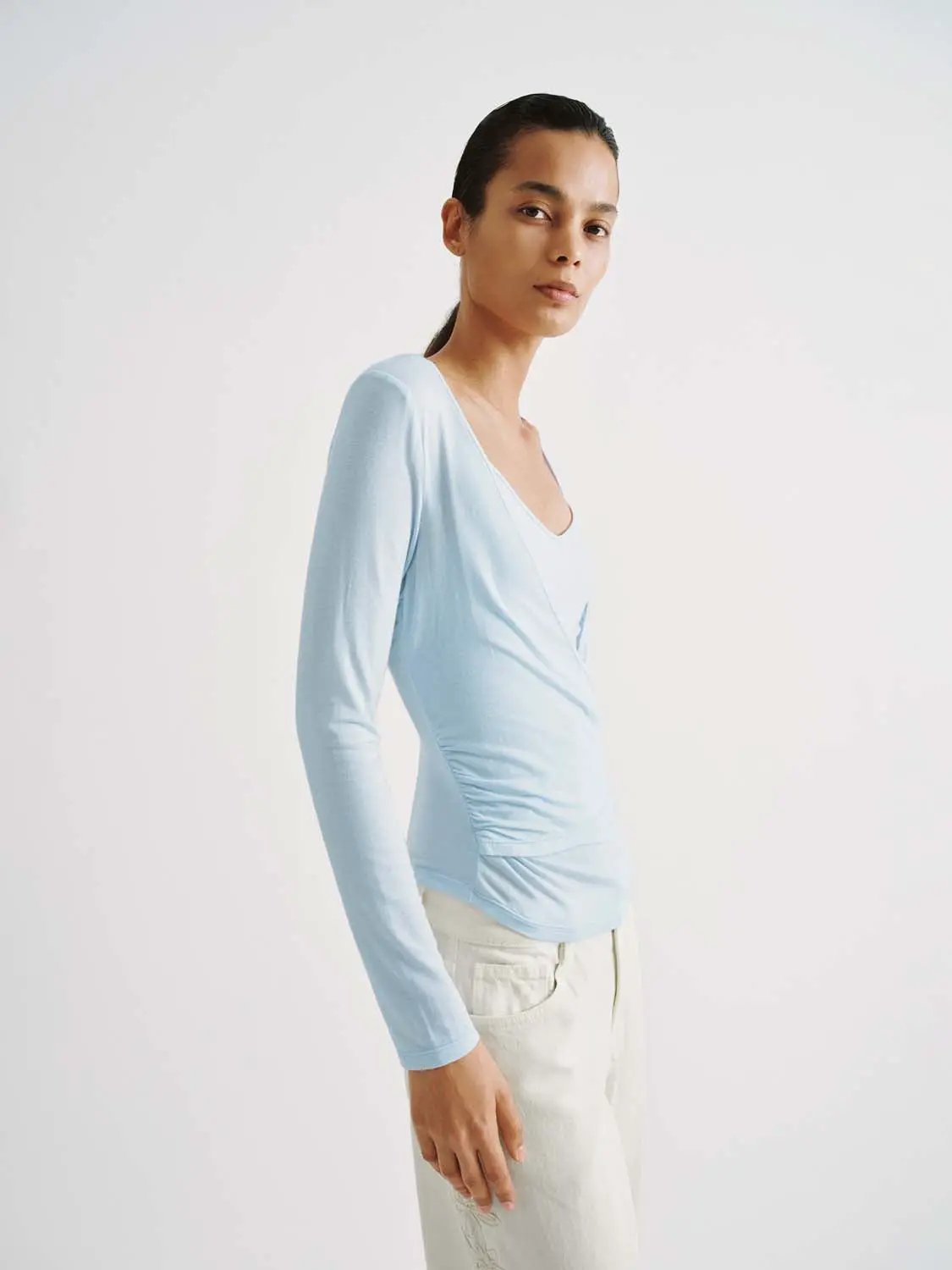 Wrap Front Ruched V-neck Long Sleeve T-shirt