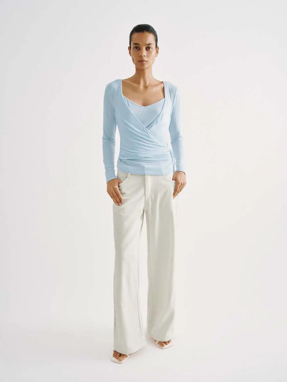 Wrap Front Ruched V-neck Long Sleeve T-shirt