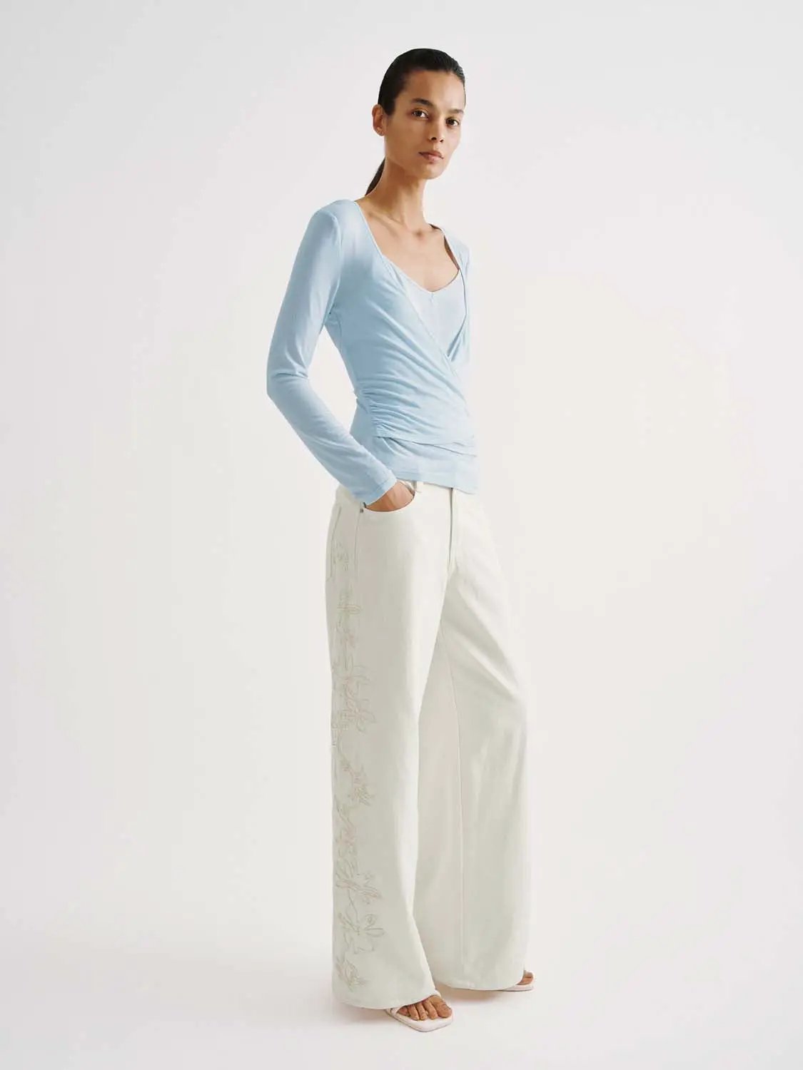 Wrap Front Ruched V-neck Long Sleeve T-shirt