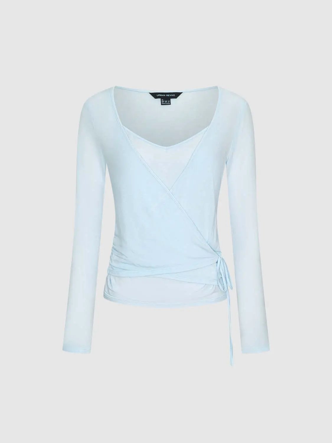 Wrap Front Ruched V-neck Long Sleeve T-shirt