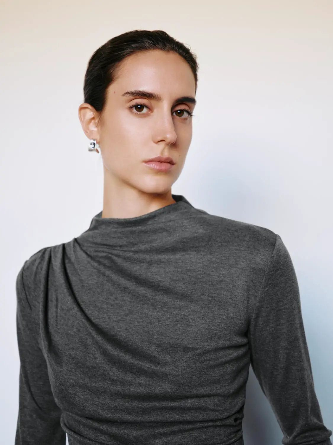 Ruched Draped Mock Neck Long Sleeve T-Shirt