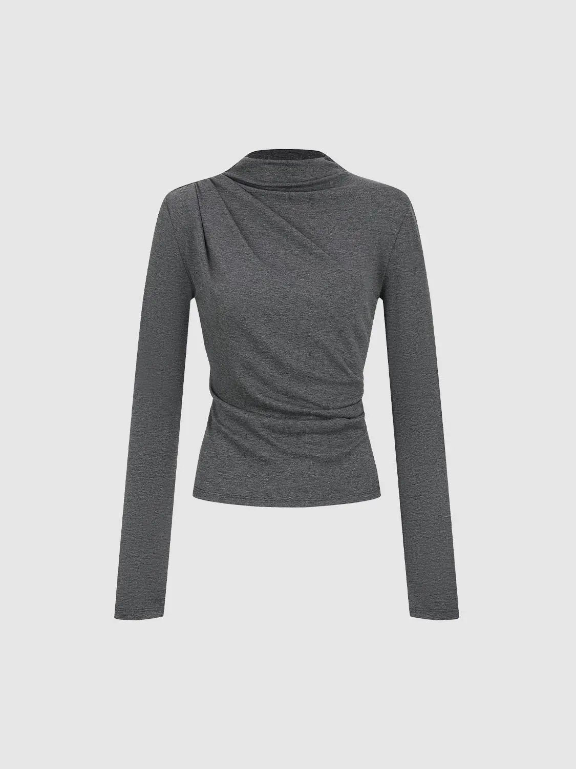 Ruched Draped Mock Neck Long Sleeve T-Shirt