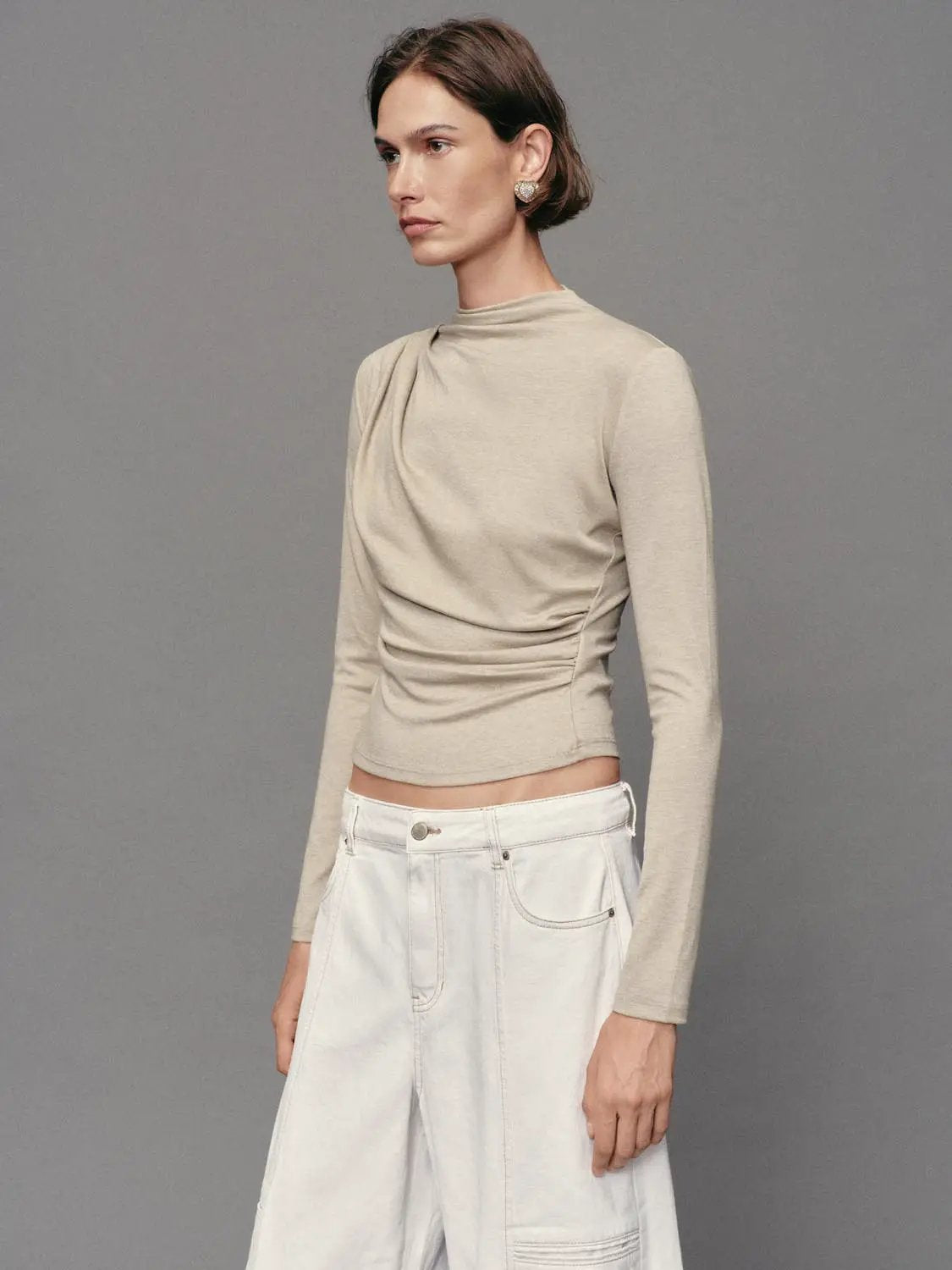Ruched Draped Mock Neck Long Sleeve T-Shirt