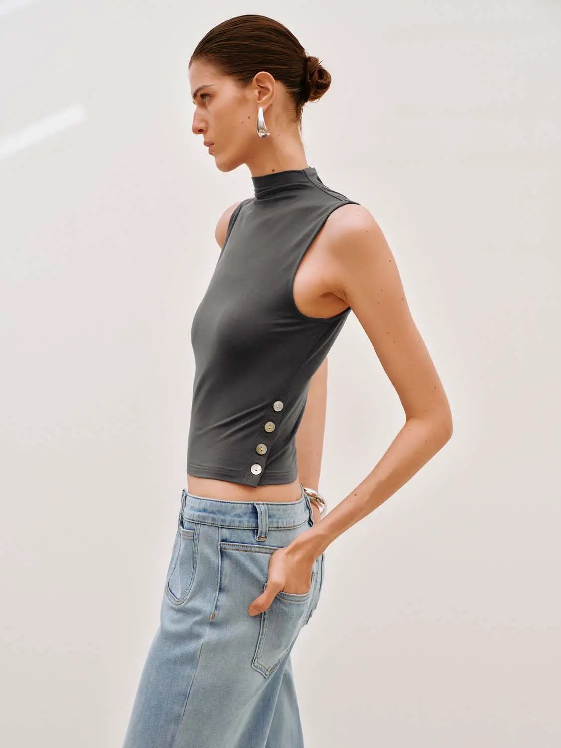 Mock Neck Sleeveless Slim Lyocell Tank Top