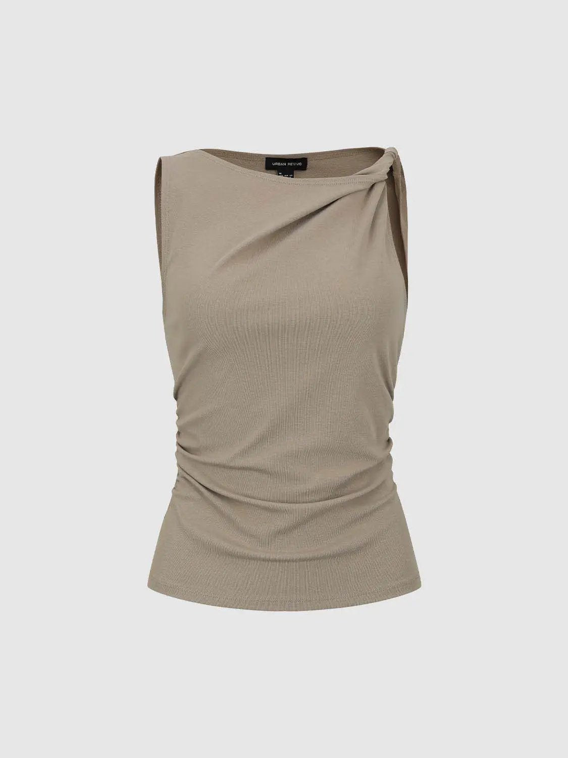 Draped Cowl Neck Ruched Waist Sleeveless Fitted Top