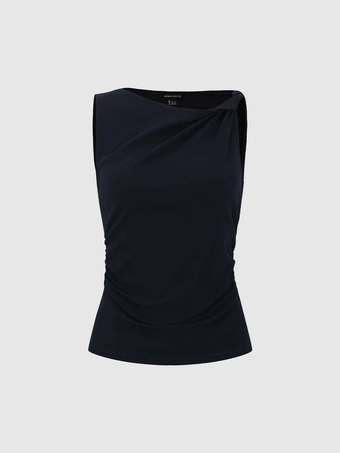 Draped Cowl Neck Ruched Waist Sleeveless Fitted Top