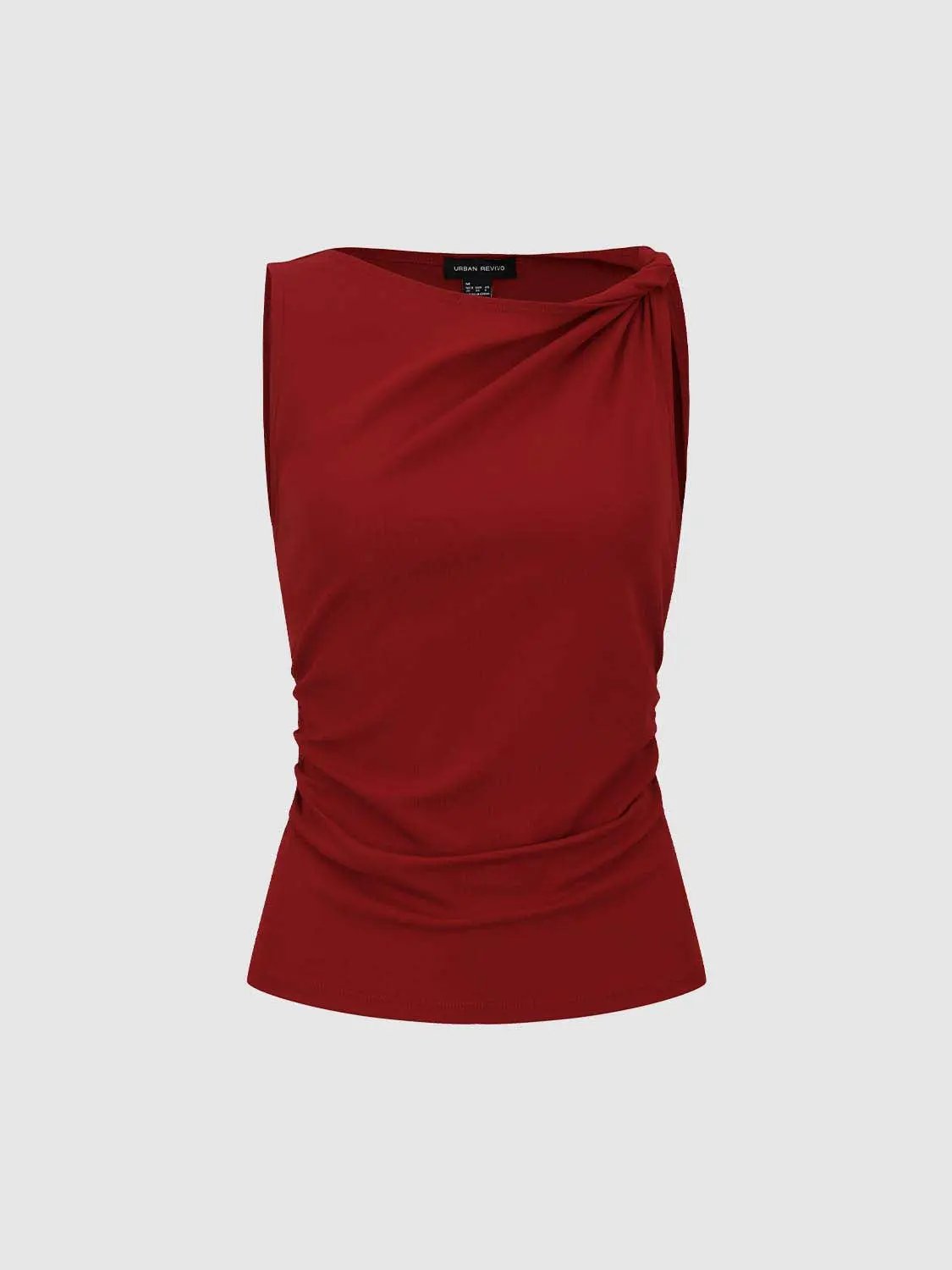 Draped Cowl Neck Ruched Waist Sleeveless Fitted Top