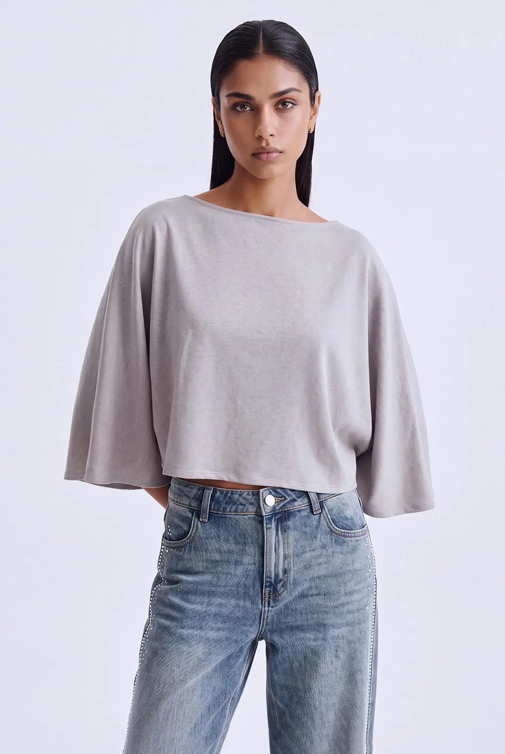 Cropped Draped Boat Neck Long Sleeve Cotton Blend T-Shirt