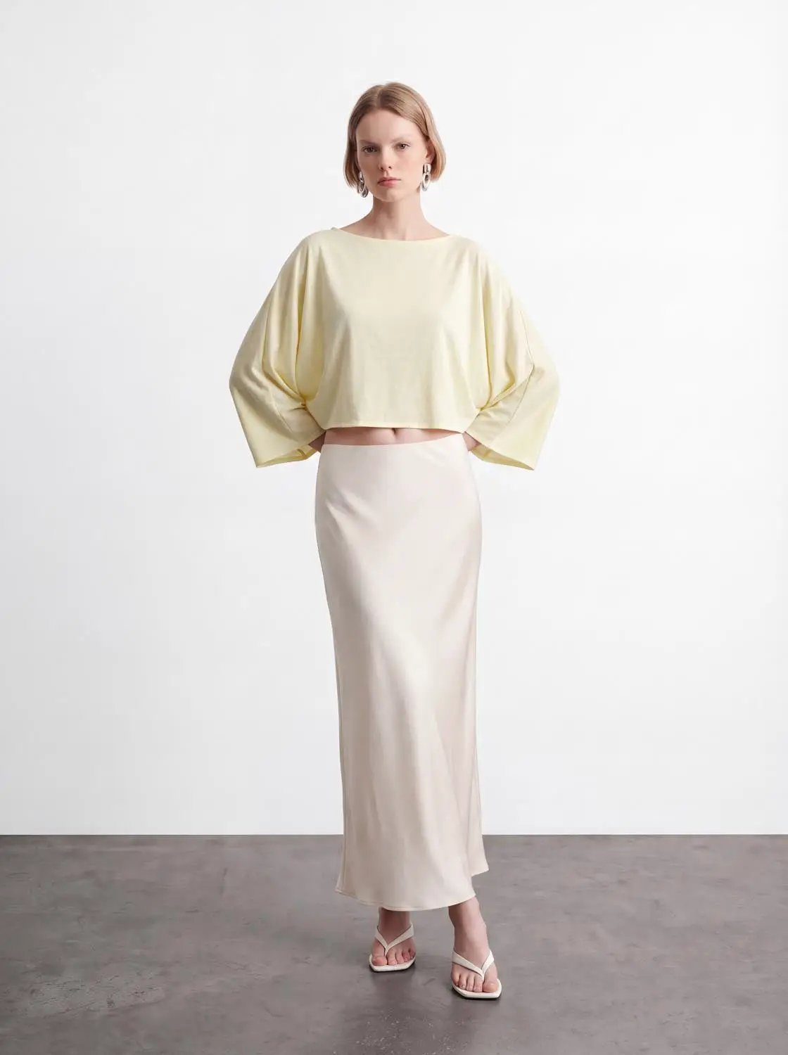 Cropped Draped Boat Neck Long Sleeve Cotton Blend T-Shirt