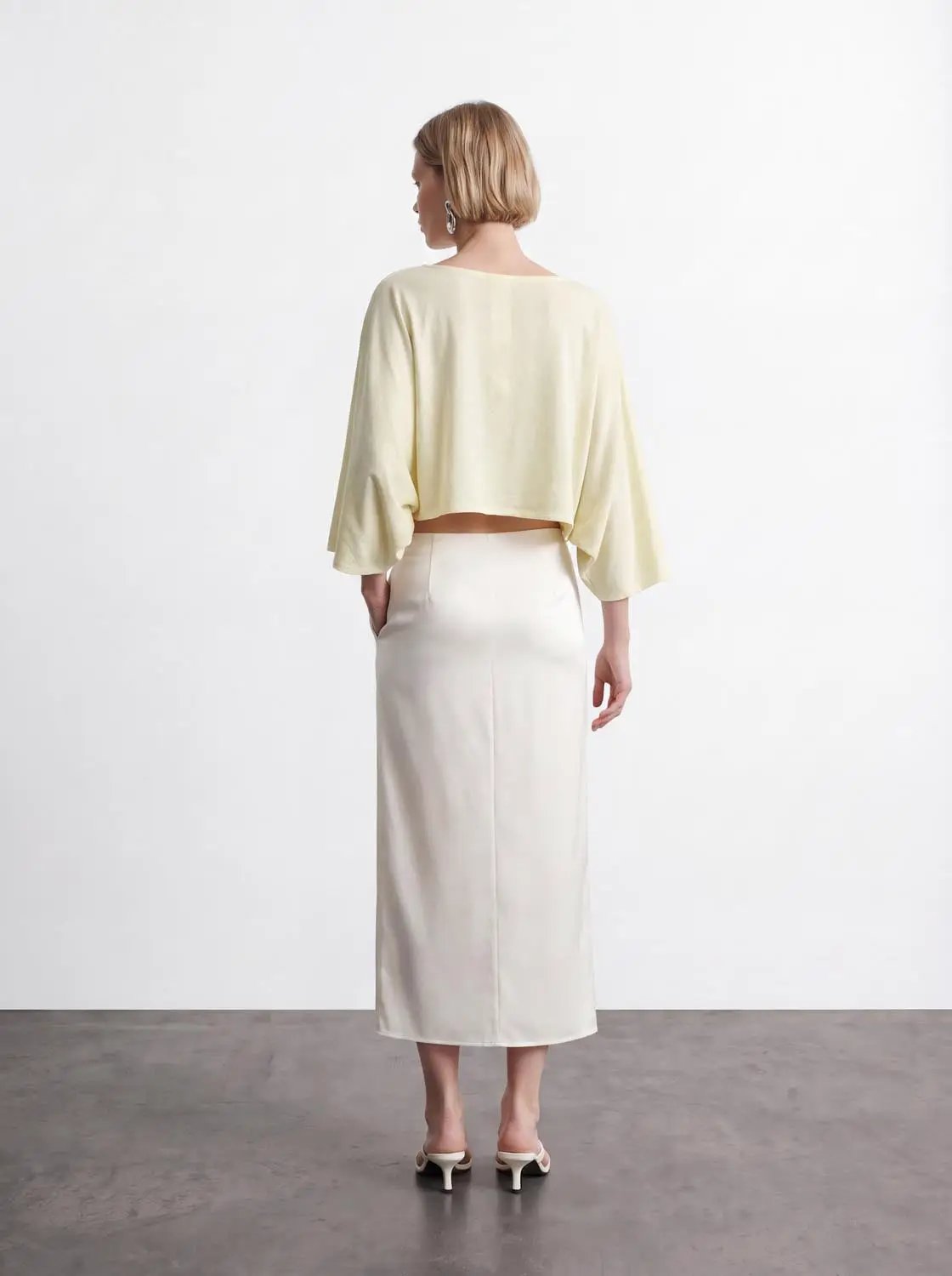 Cropped Draped Boat Neck Long Sleeve Cotton Blend T-Shirt