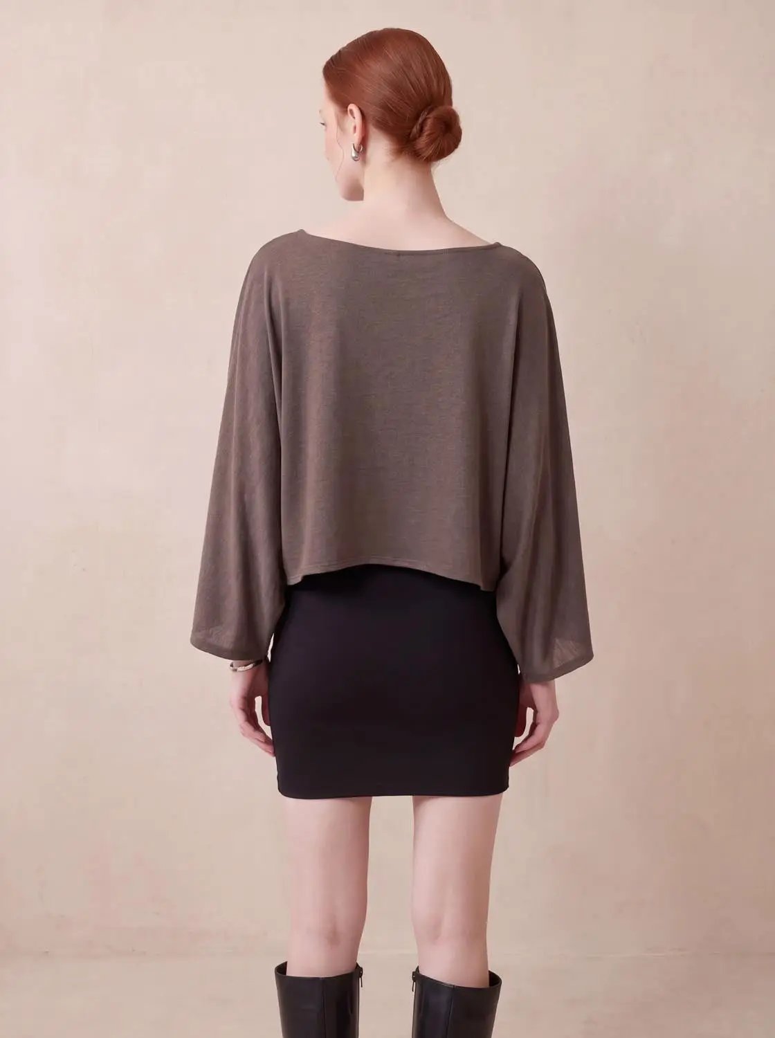 Cropped Draped Boat Neck Long Sleeve Cotton Blend T-Shirt