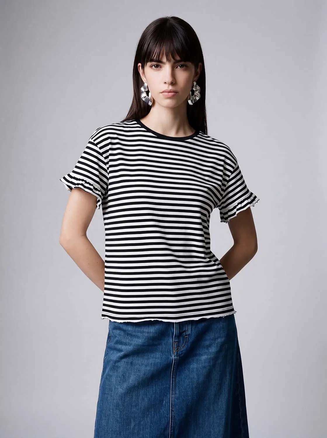 Striped Crew Neck Raw Hem Short Sleeve T-Shirt