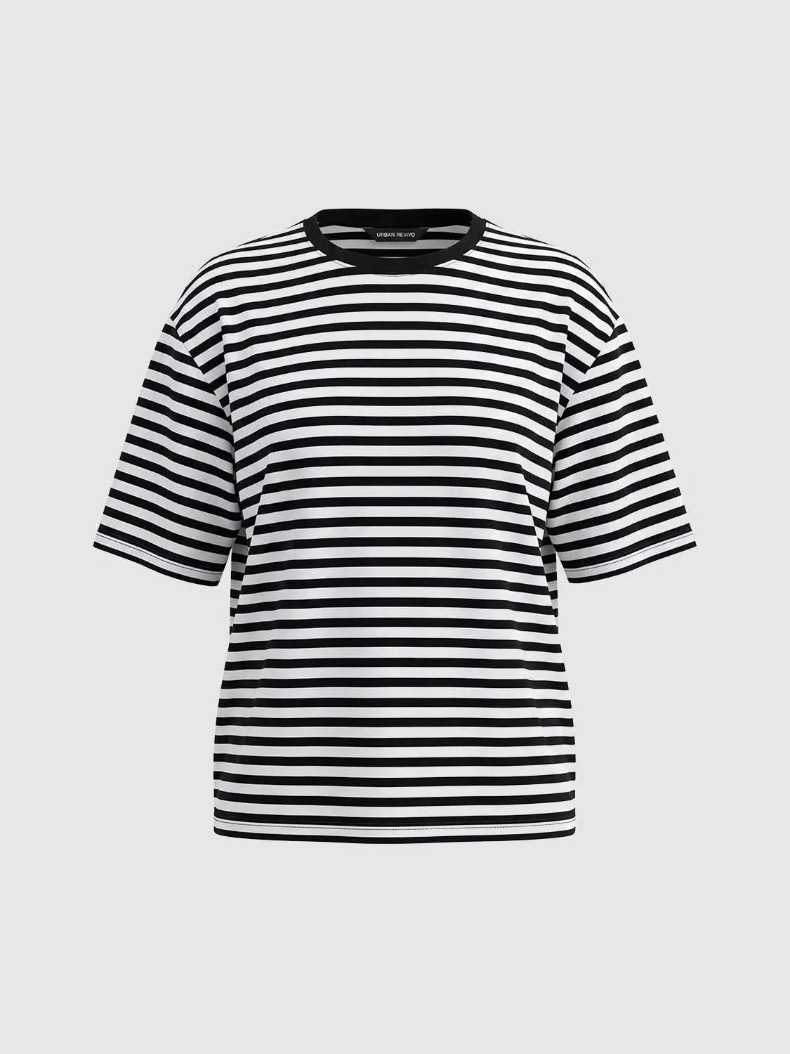 Striped Crew Neck Raw Hem Short Sleeve T-Shirt