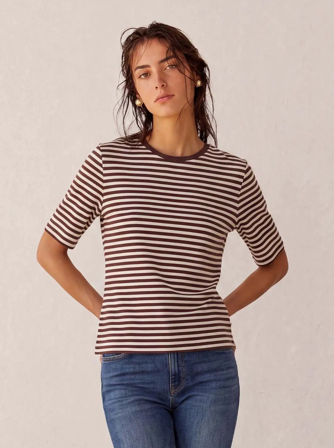 Striped Crew Neck Raw Hem Short Sleeve T-Shirt