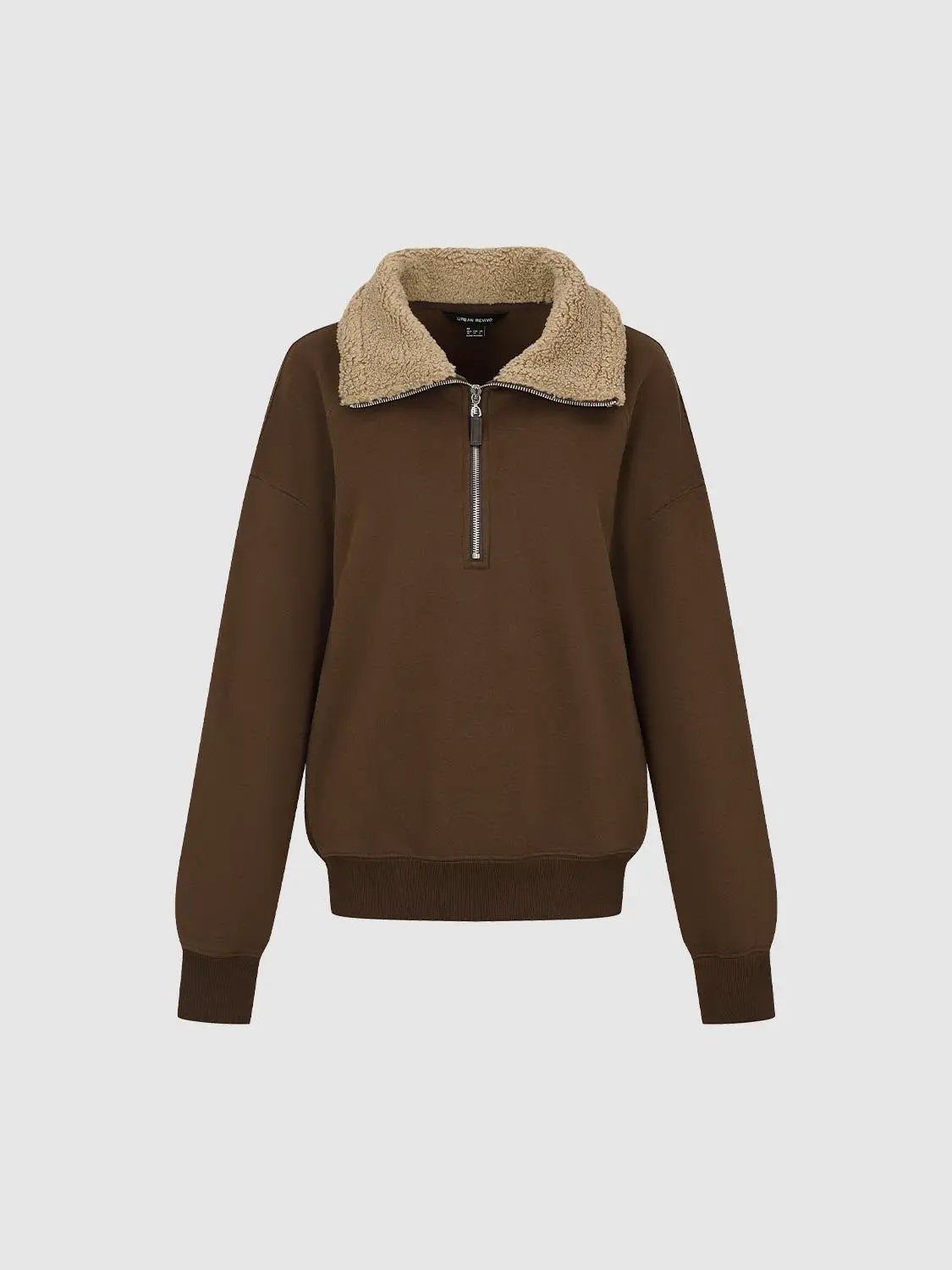 Faux Fur Collar Half Zip Ribbed Long Sleeve Sweatshirt