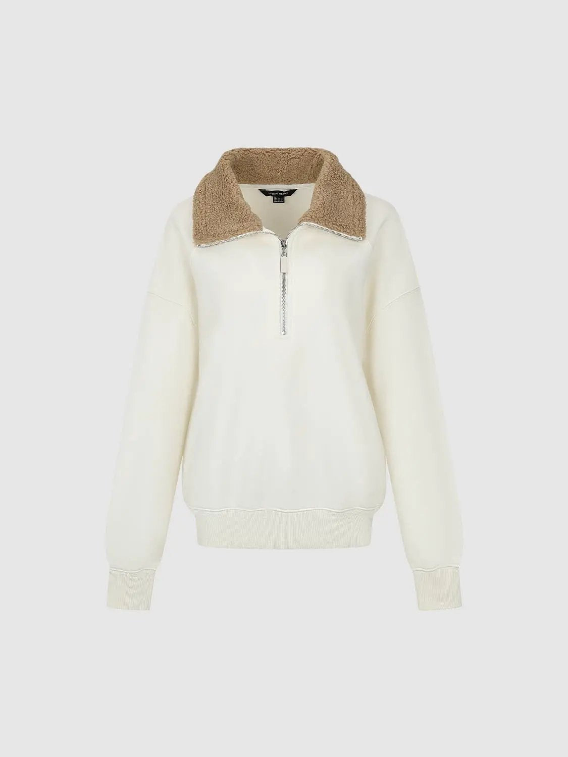 Faux Fur Collar Half Zip Ribbed Long Sleeve Sweatshirt