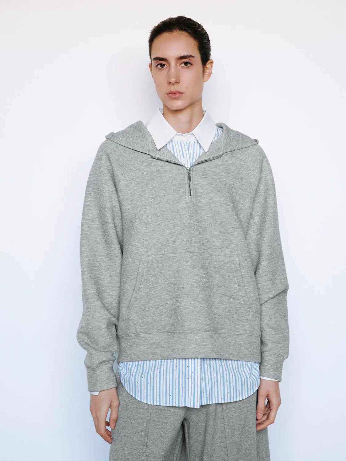 Heather Grey Half-zip Long Sleeve Cotton Blend Hoodie