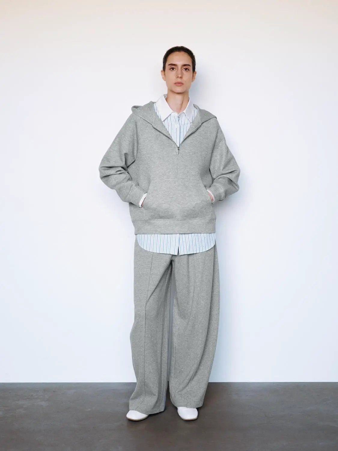 Heather Grey Half-zip Long Sleeve Cotton Blend Hoodie