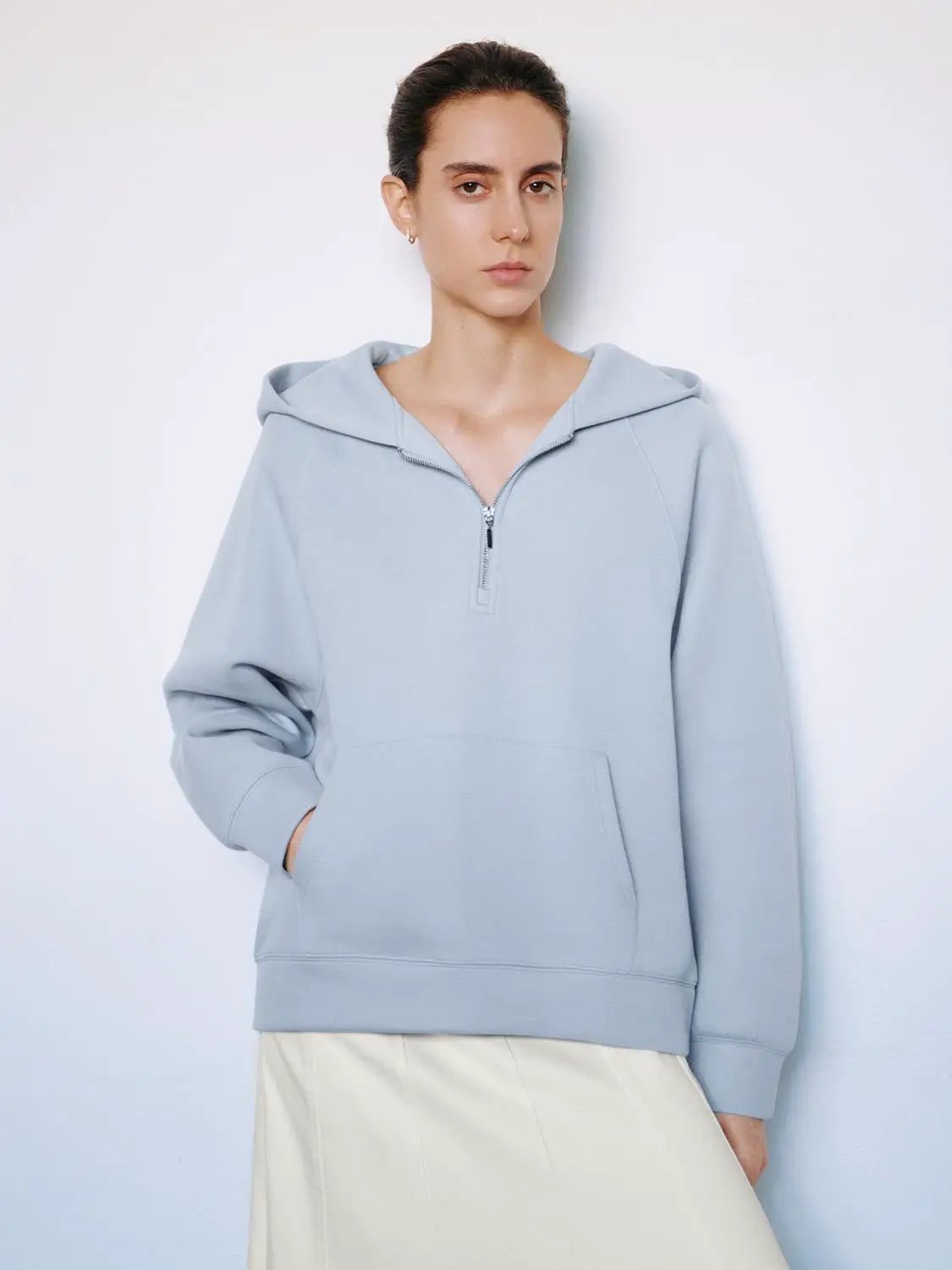 Heather Grey Half-zip Long Sleeve Cotton Blend Hoodie