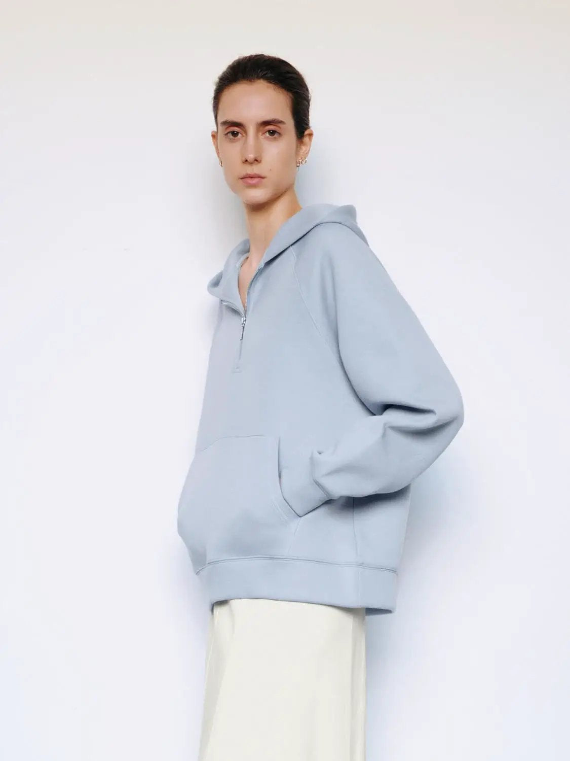 Heather Grey Half-zip Long Sleeve Cotton Blend Hoodie
