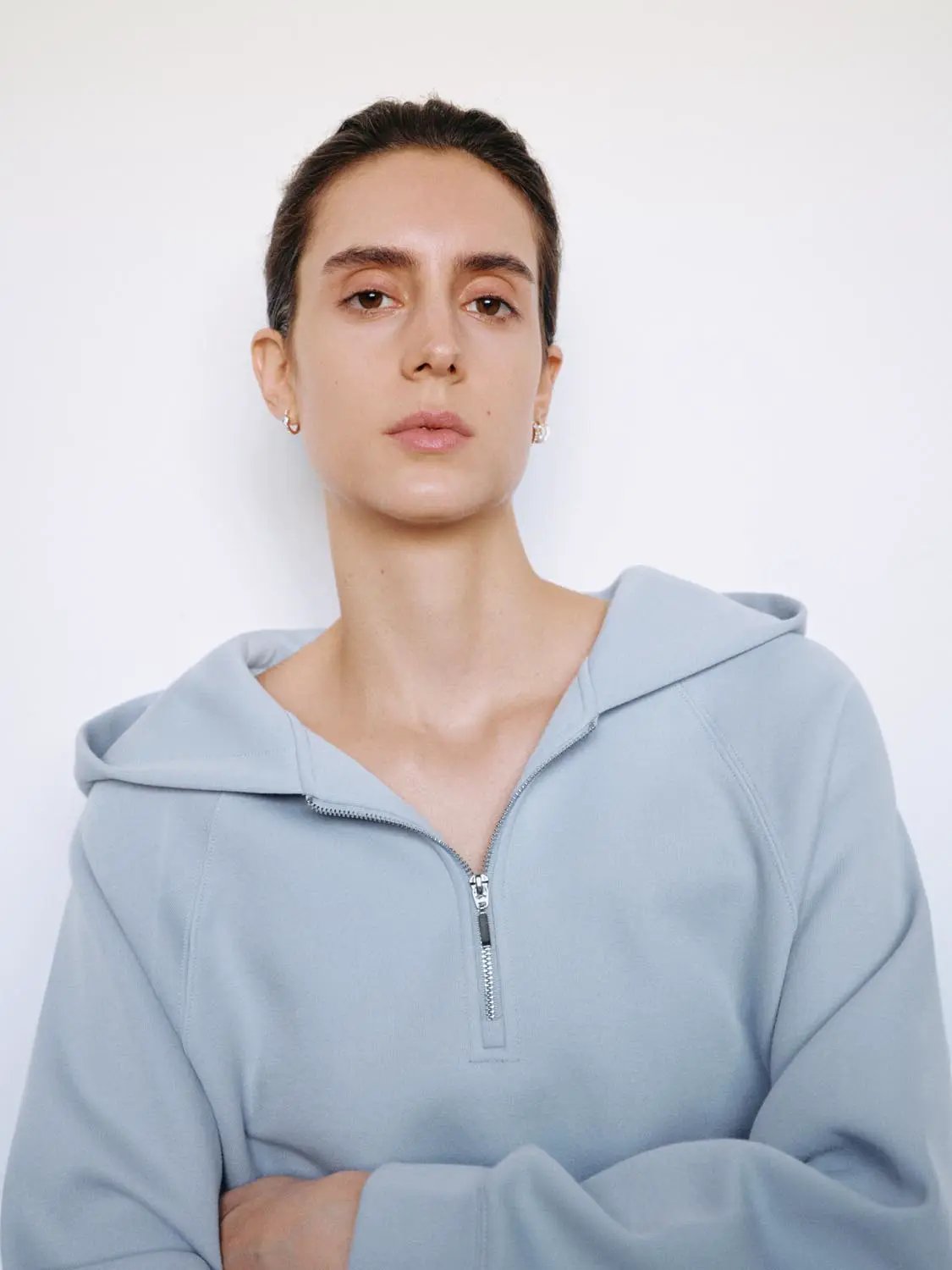 Heather Grey Half-zip Long Sleeve Cotton Blend Hoodie