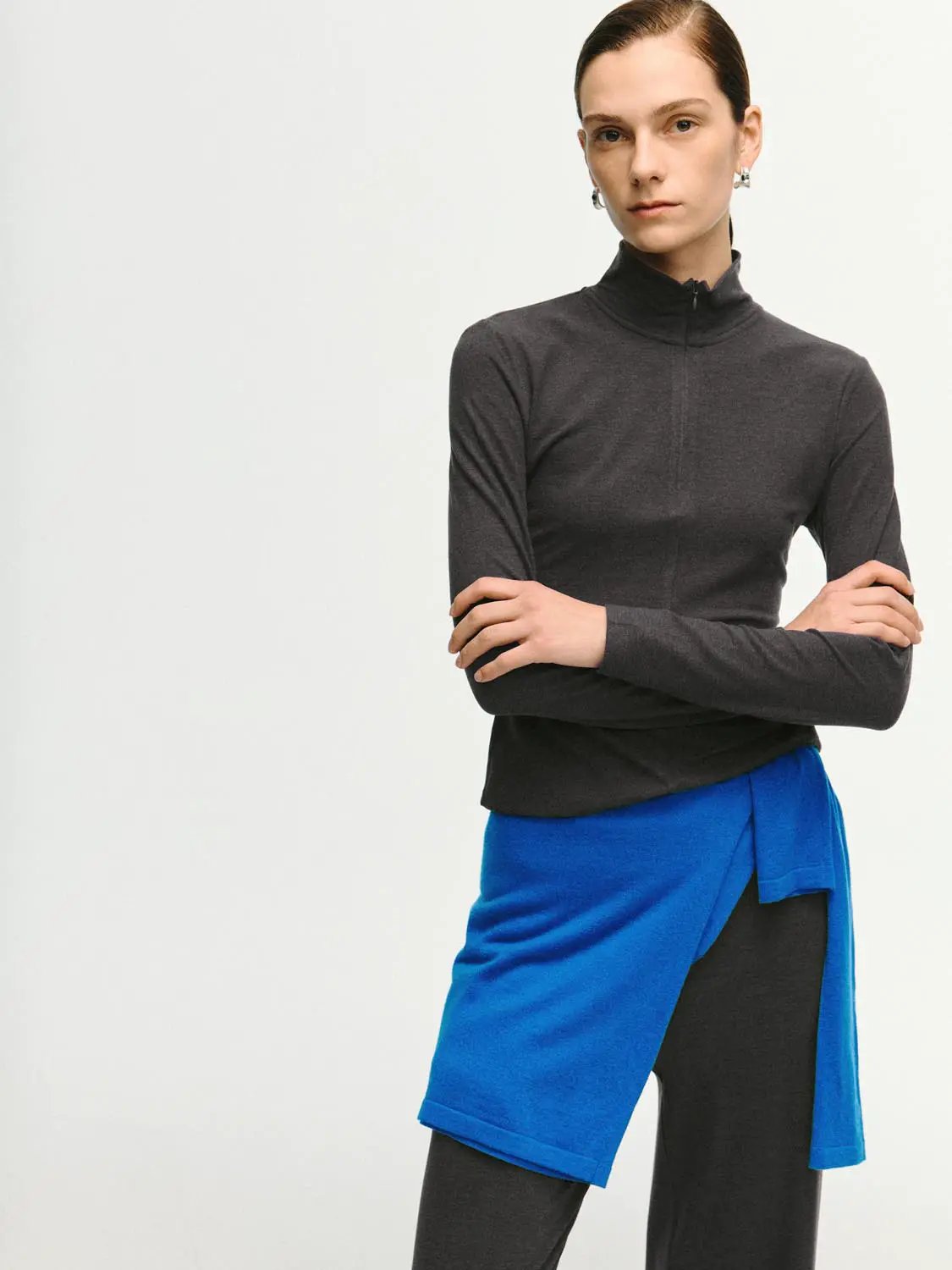 Zip Front Mock Neck Fitted Long Sleeve T-Shirt