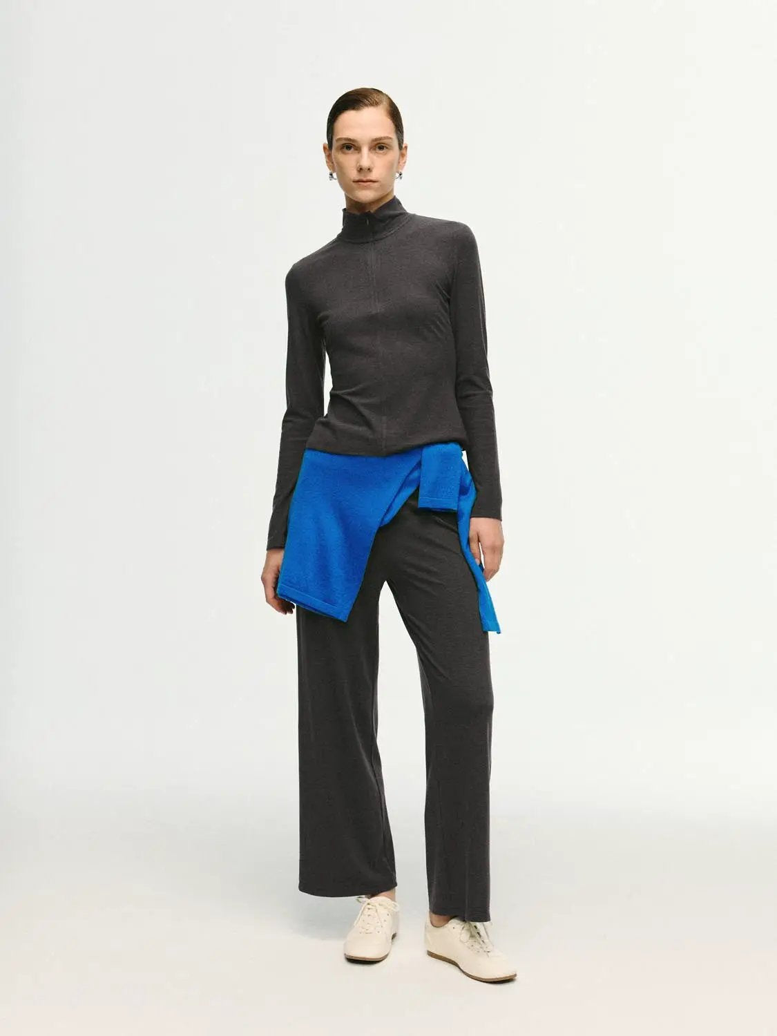 Zip Front Mock Neck Fitted Long Sleeve T-Shirt