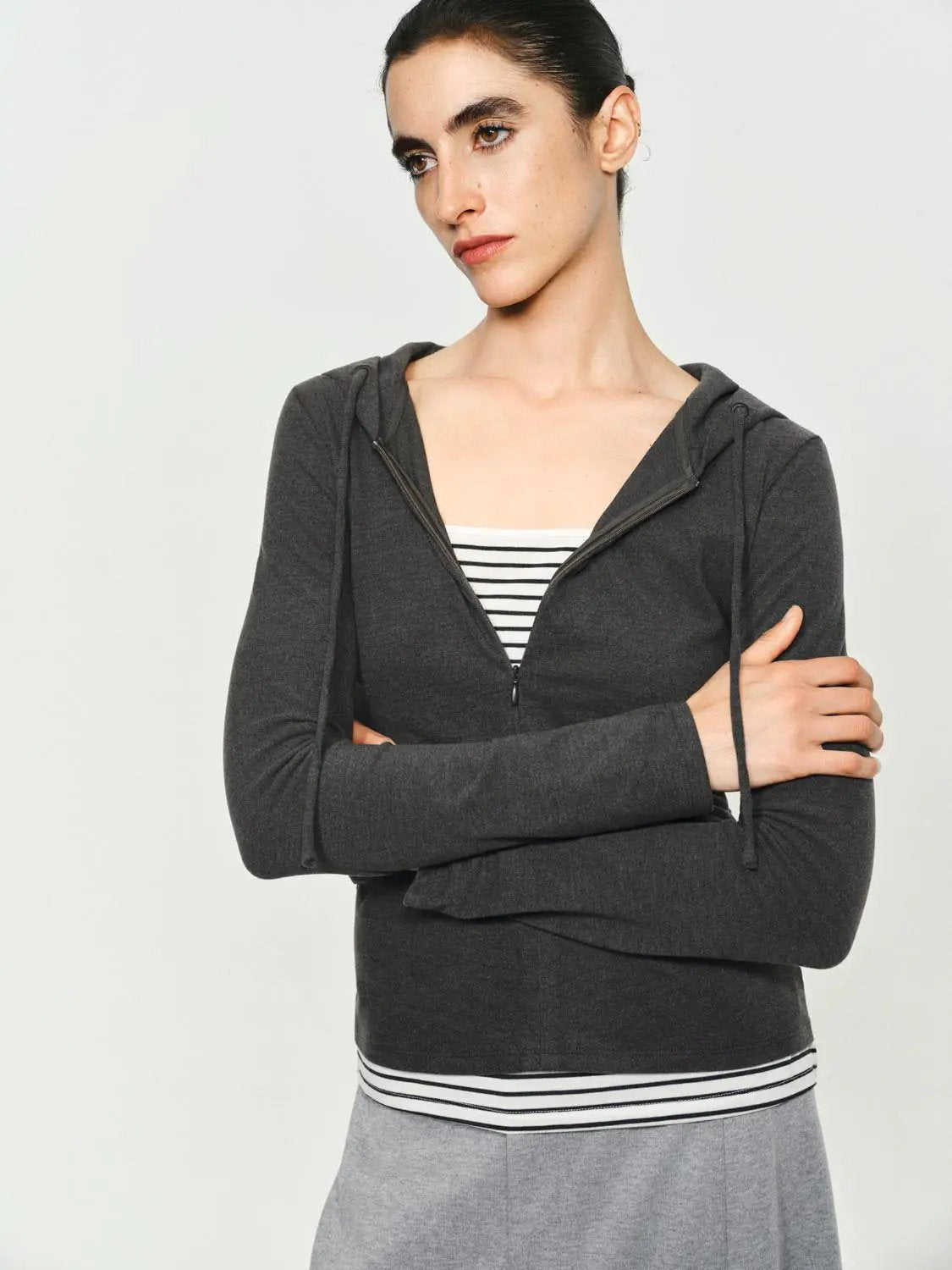 Ruched Long Sleeve Zip Hoodie With Striped Hem