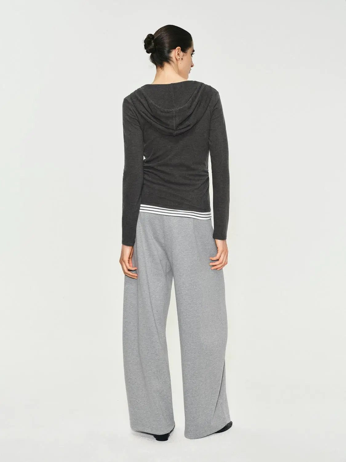 Ruched Long Sleeve Zip Hoodie With Striped Hem