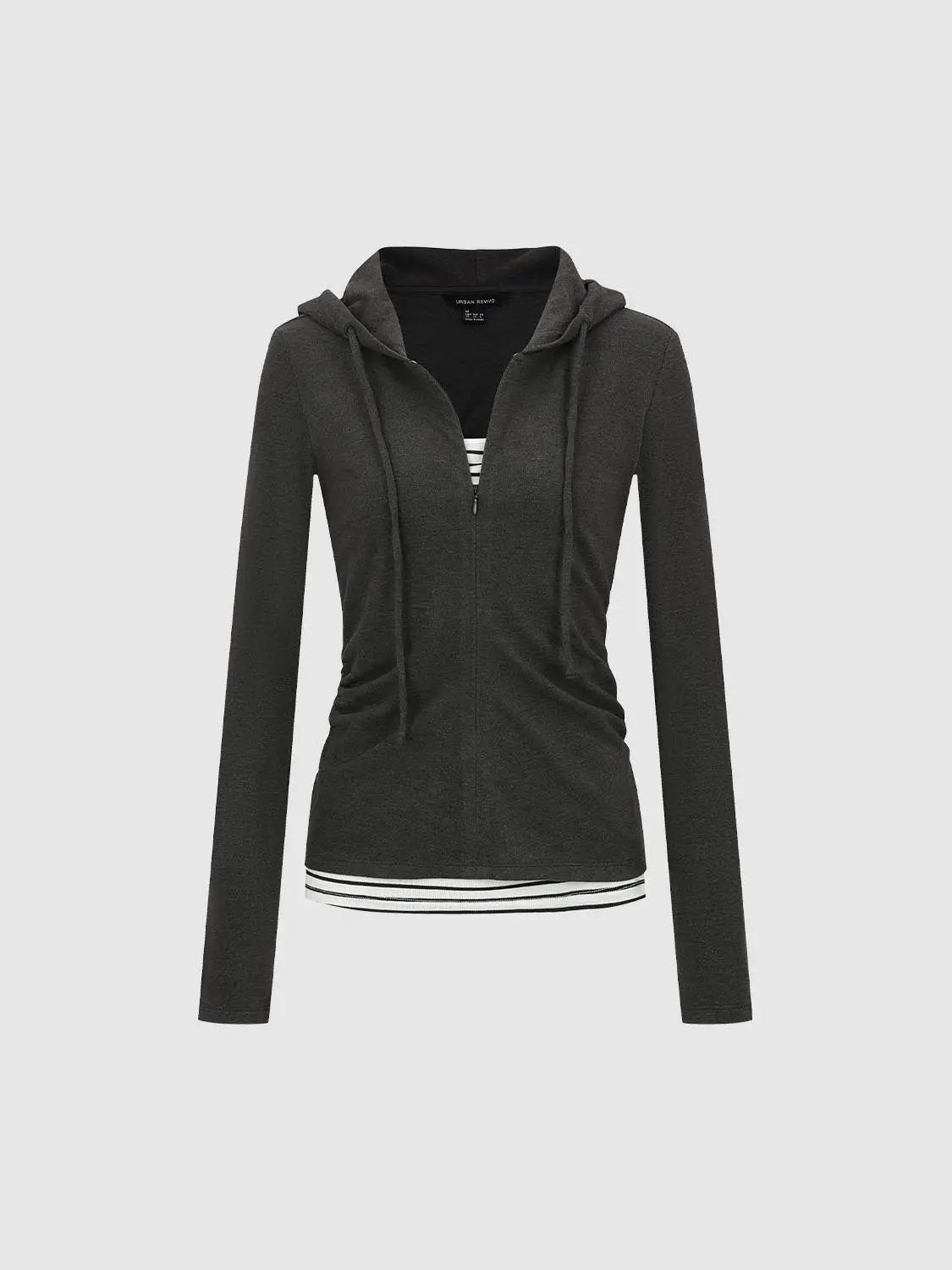 Ruched Long Sleeve Zip Hoodie With Striped Hem