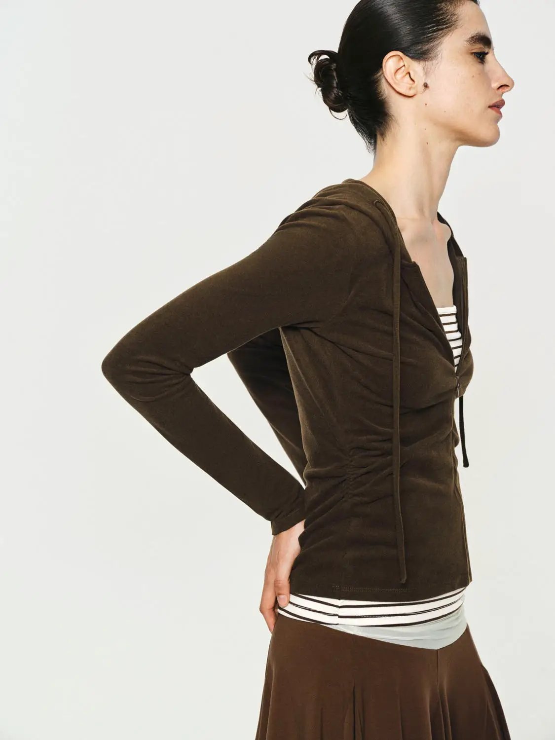 Ruched Layered Striped Long Sleeve Zip Hoodie