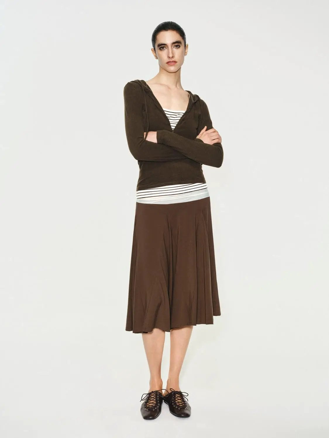 Ruched Layered Striped Long Sleeve Zip Hoodie