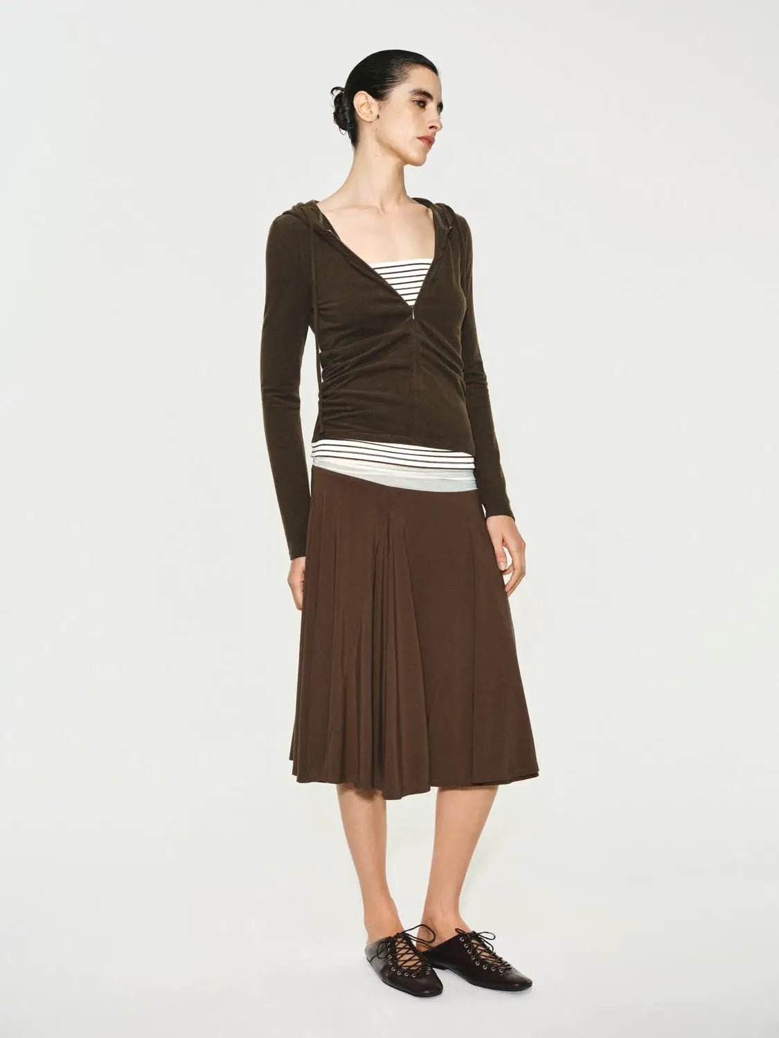 Ruched Layered Striped Long Sleeve Zip Hoodie