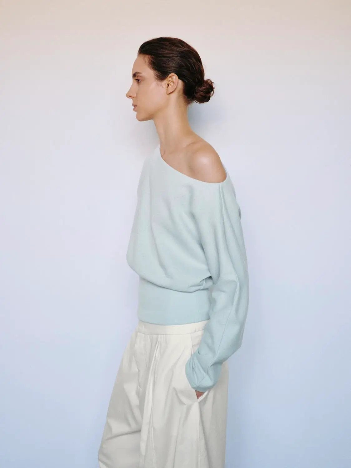 Asymmetric Long Sleeve Ribbed Cotton Blend Crop Top