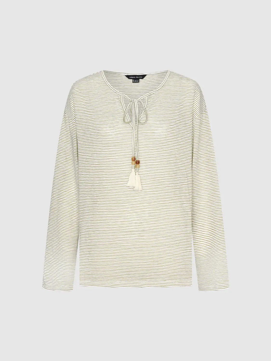 Thin Striped Long Sleeve Tie Neck T-Shirt