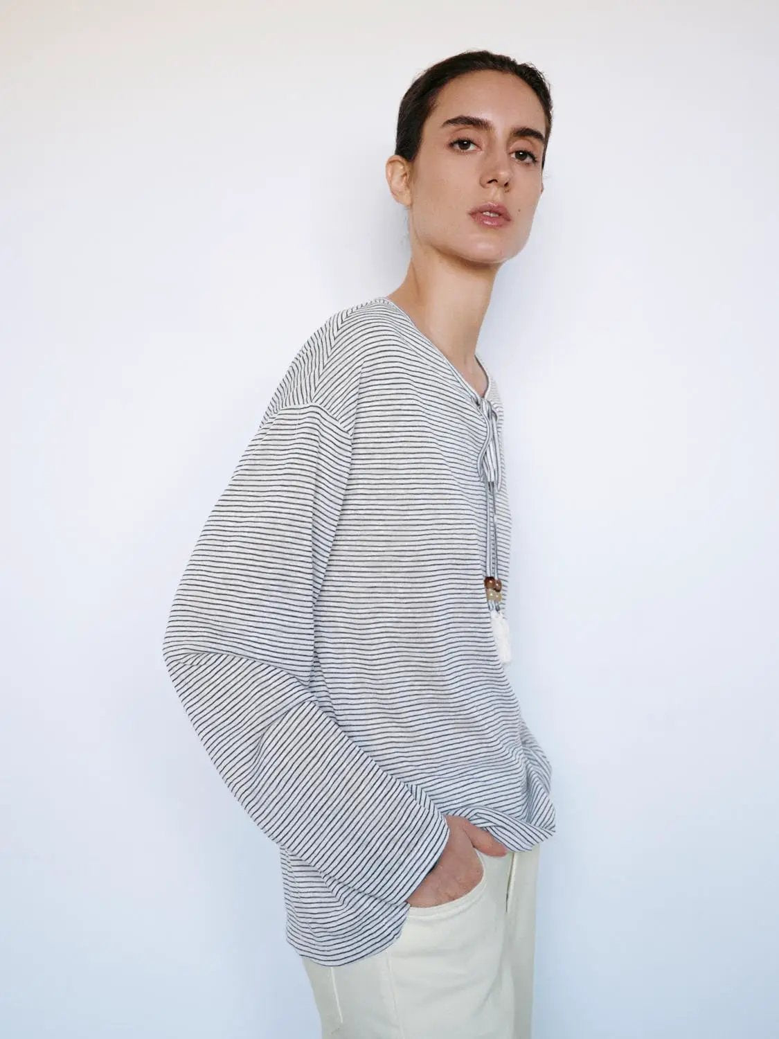Thin Striped Long Sleeve Tie Neck T-Shirt