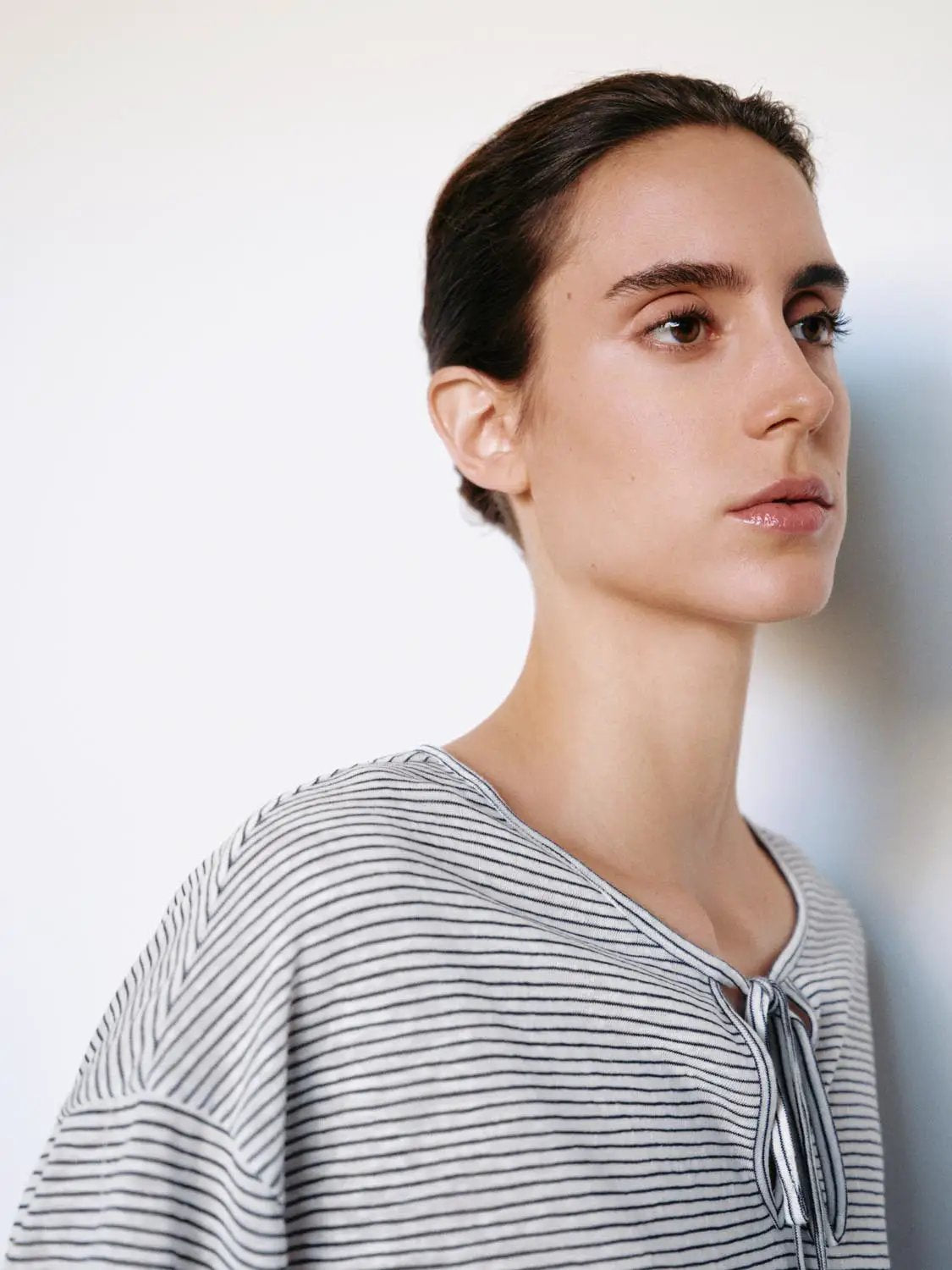 Thin Striped Long Sleeve Tie Neck T-Shirt